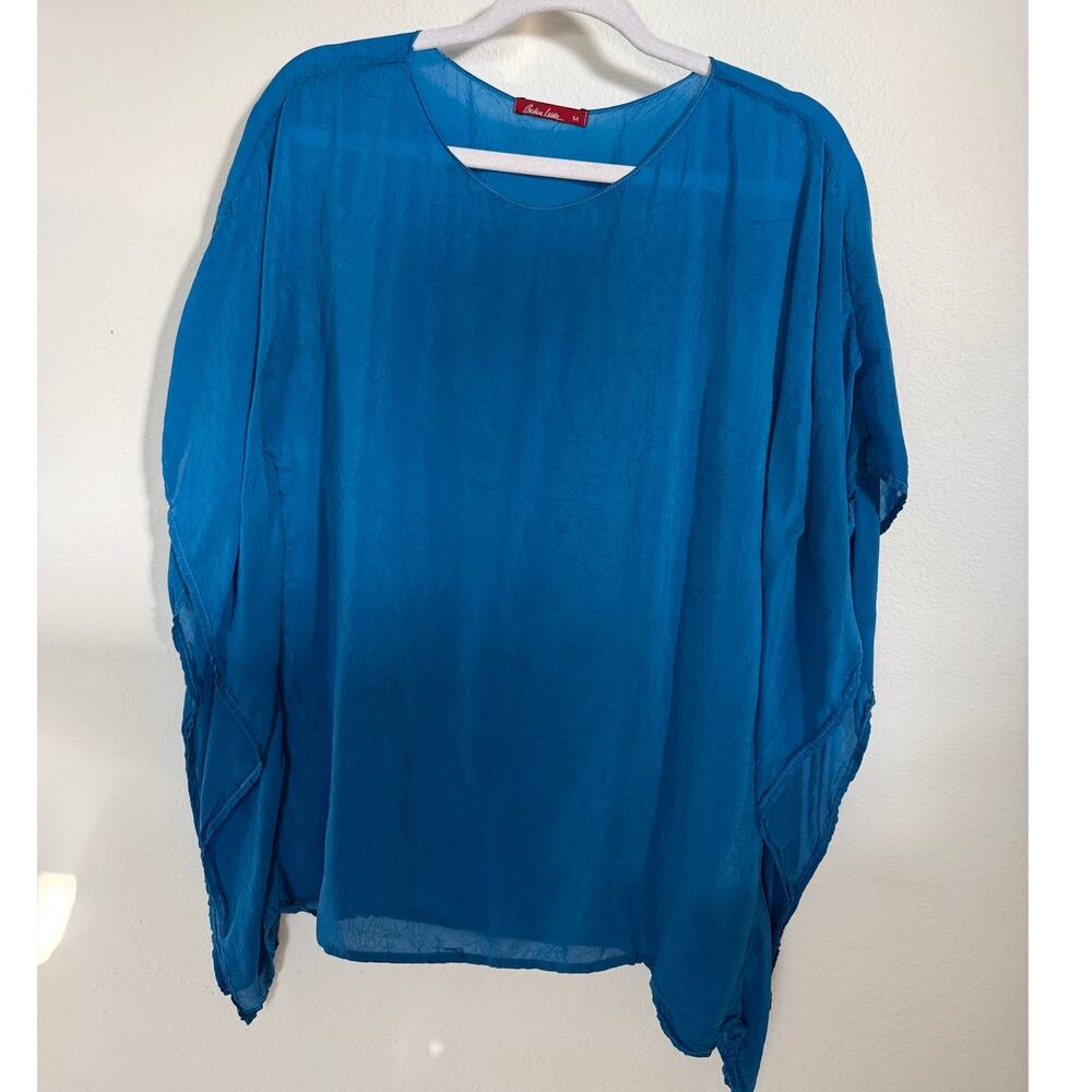 Barbara Lesser‎ Women's Flowy Cupra Rayon Blouse Cover Up Neon Blue Size Medium